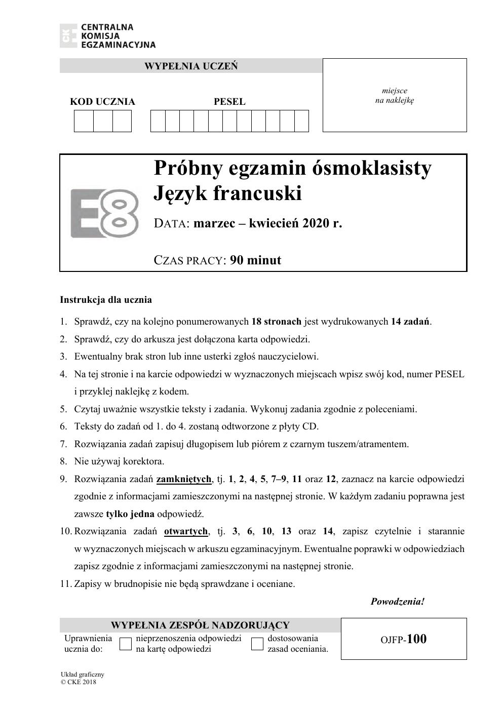 arkusz - francuski - egzamin ósmoklasisty 2020 próbny-01