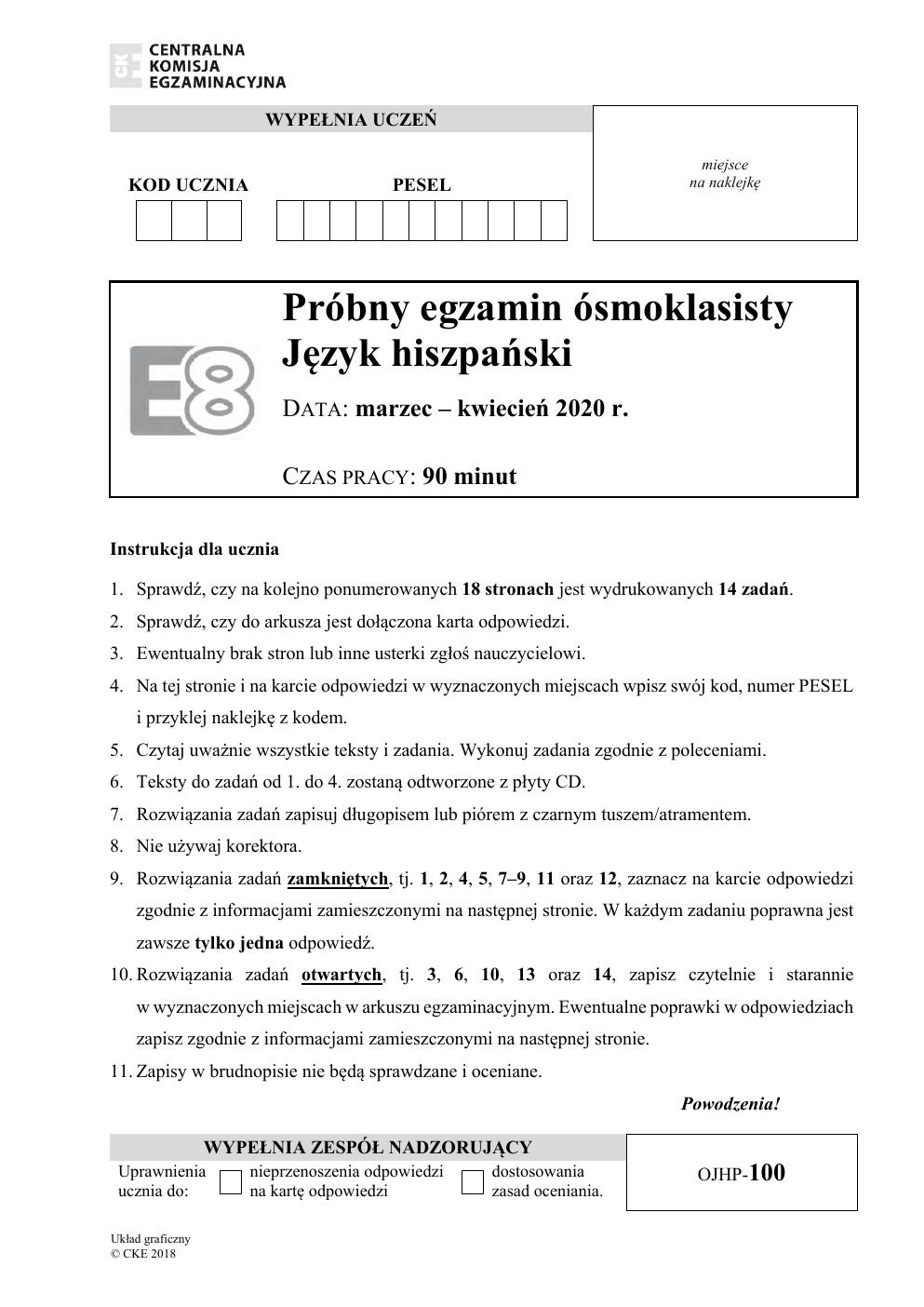 arkusz - hiszpański - egzamin ósmoklasisty 2020 próbny-01