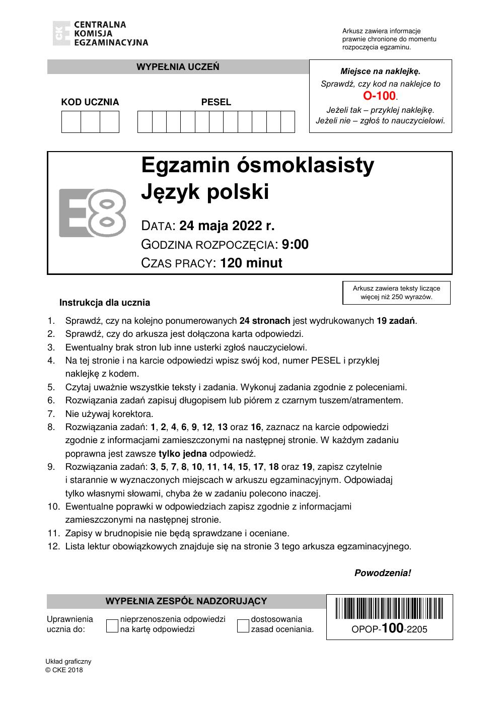 arkusz - język polski - egzamin ósmoklasisty 2022-01