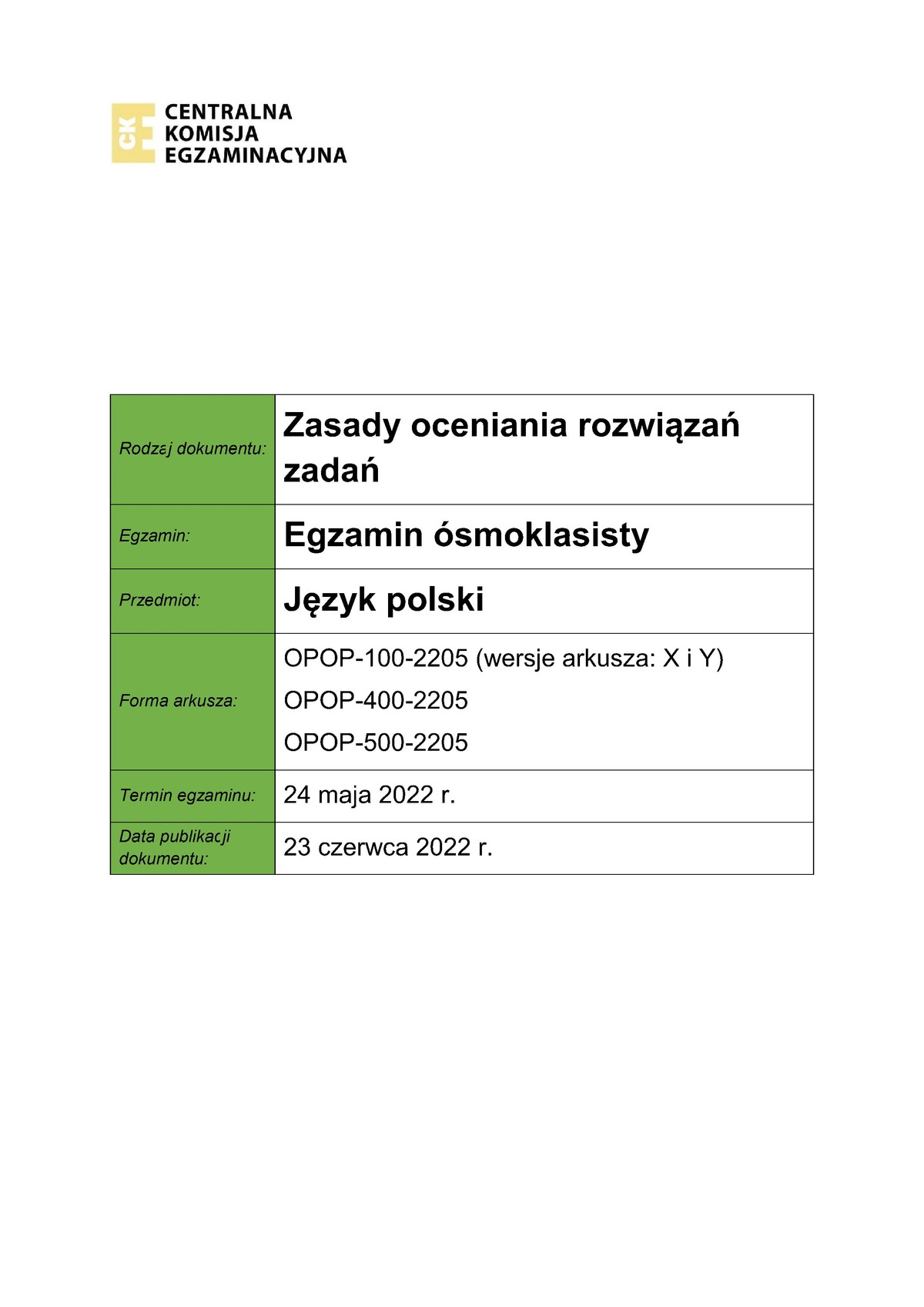 zasady oceniania - odpowiedzi - język polski - egzamin ósmoklasisty 2022 - 0001