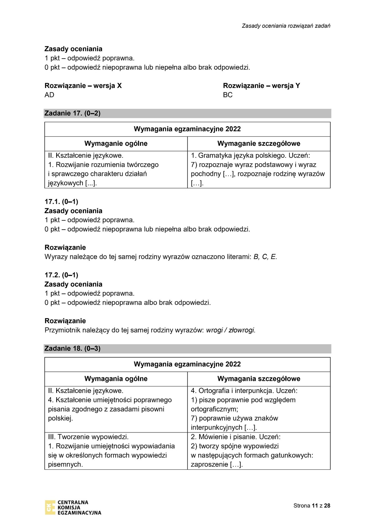 zasady oceniania - odpowiedzi - język polski - egzamin ósmoklasisty 2022 - 0011