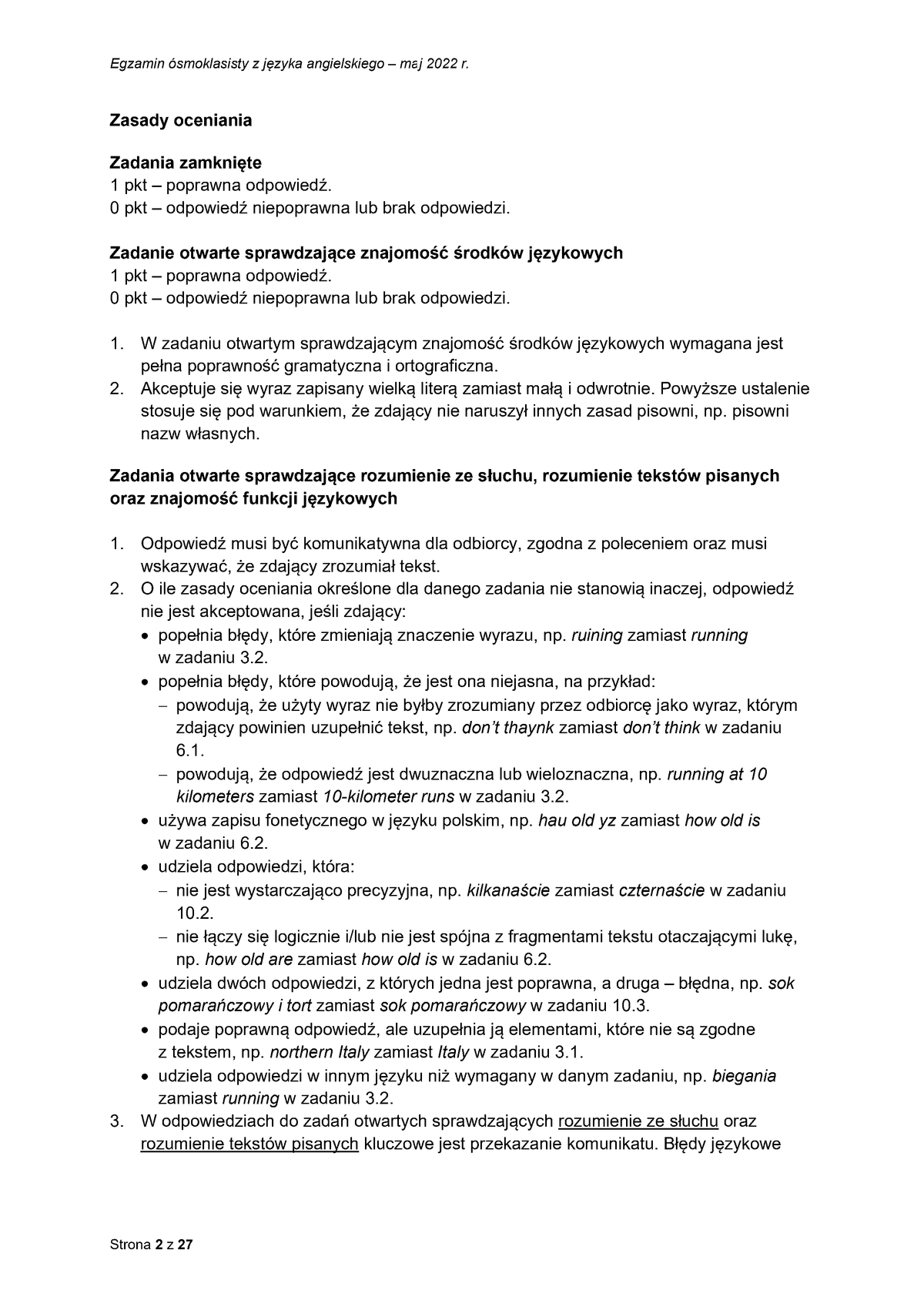 zasady oceniania - odpowiedzi - język angielski - egzamin ósmoklasisty 2022 - 0002