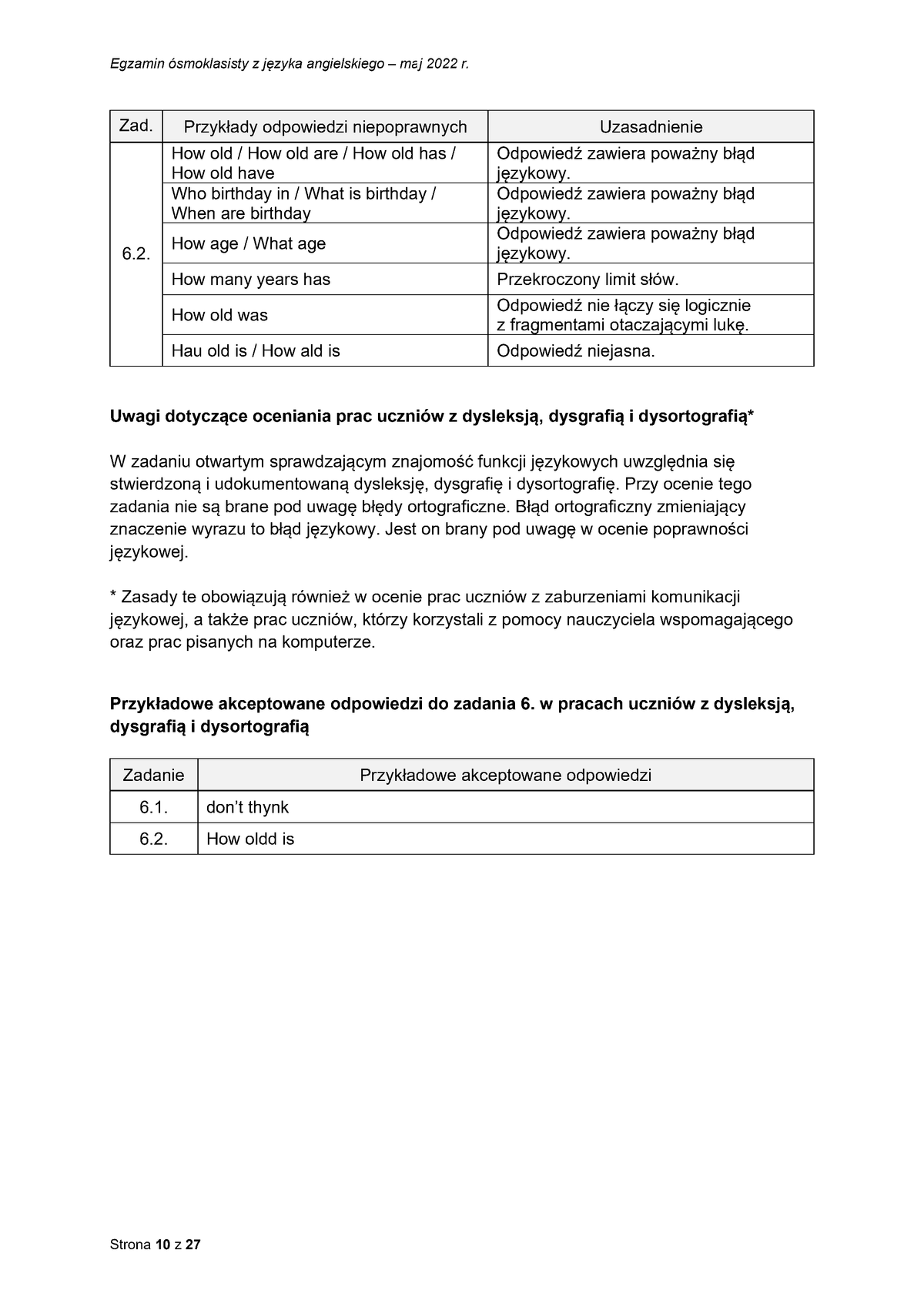 zasady oceniania - odpowiedzi - język angielski - egzamin ósmoklasisty 2022 - 0010