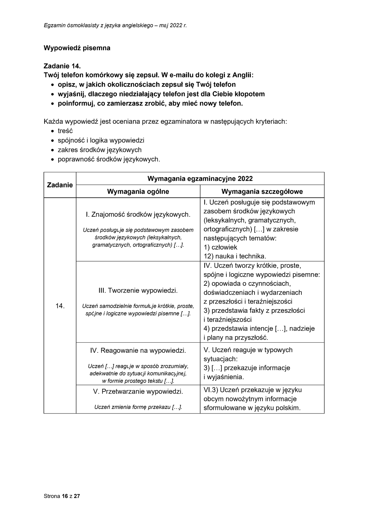 zasady oceniania - odpowiedzi - język angielski - egzamin ósmoklasisty 2022 - 0016