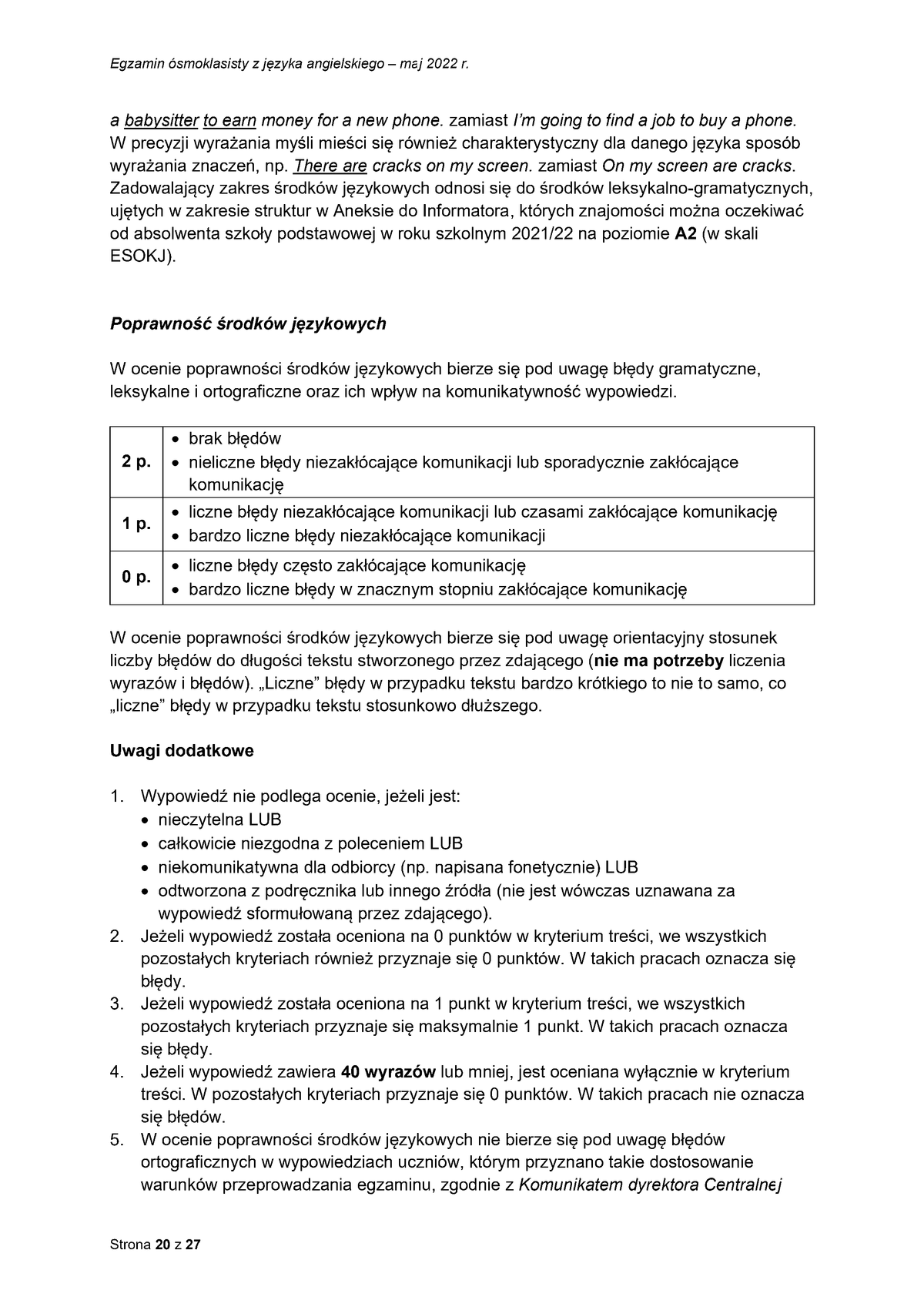 zasady oceniania - odpowiedzi - język angielski - egzamin ósmoklasisty 2022 - 0020