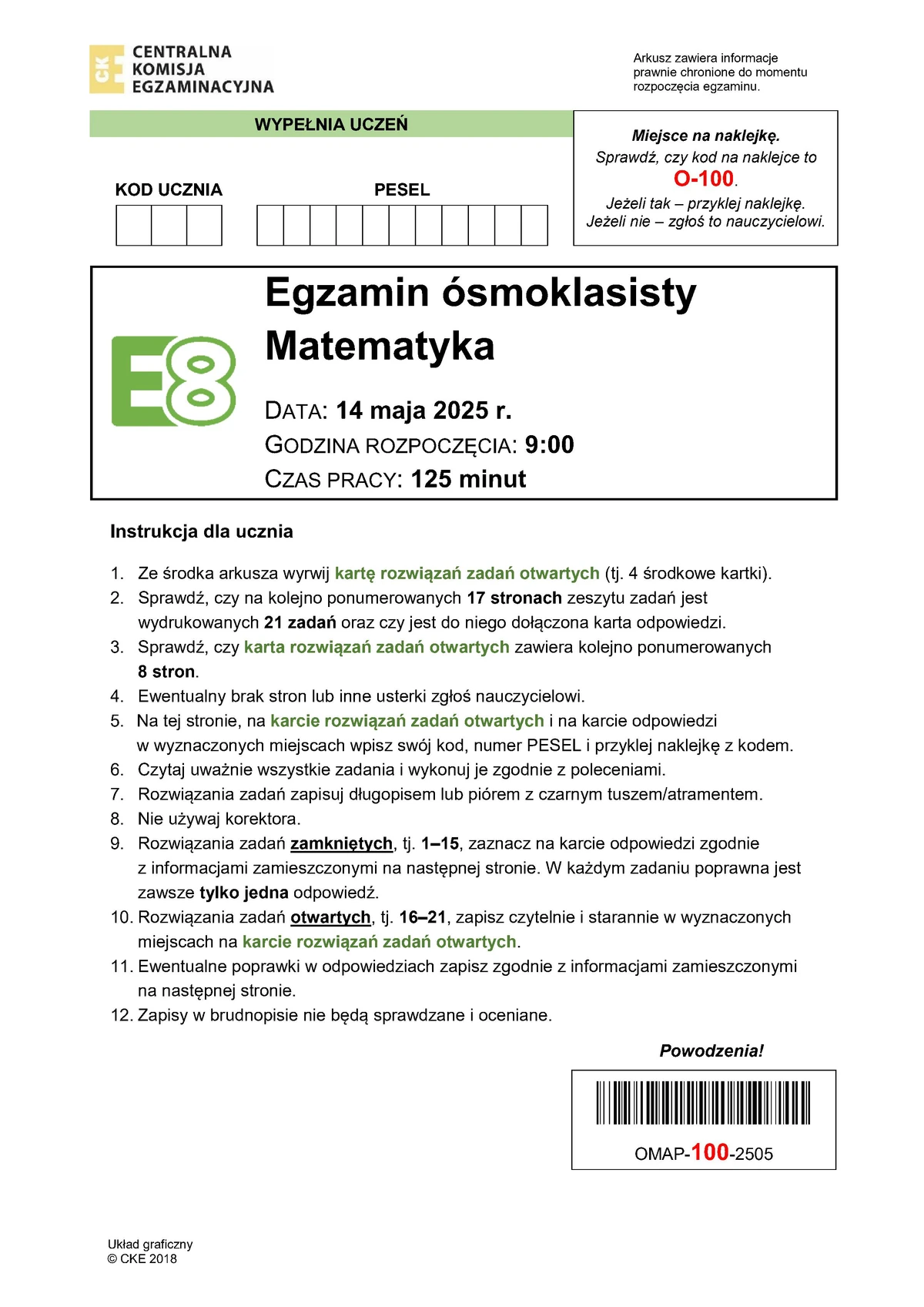 arkusz zadania wyboru - matematyka - egzamin ósmoklasisty 2025 - 0001
