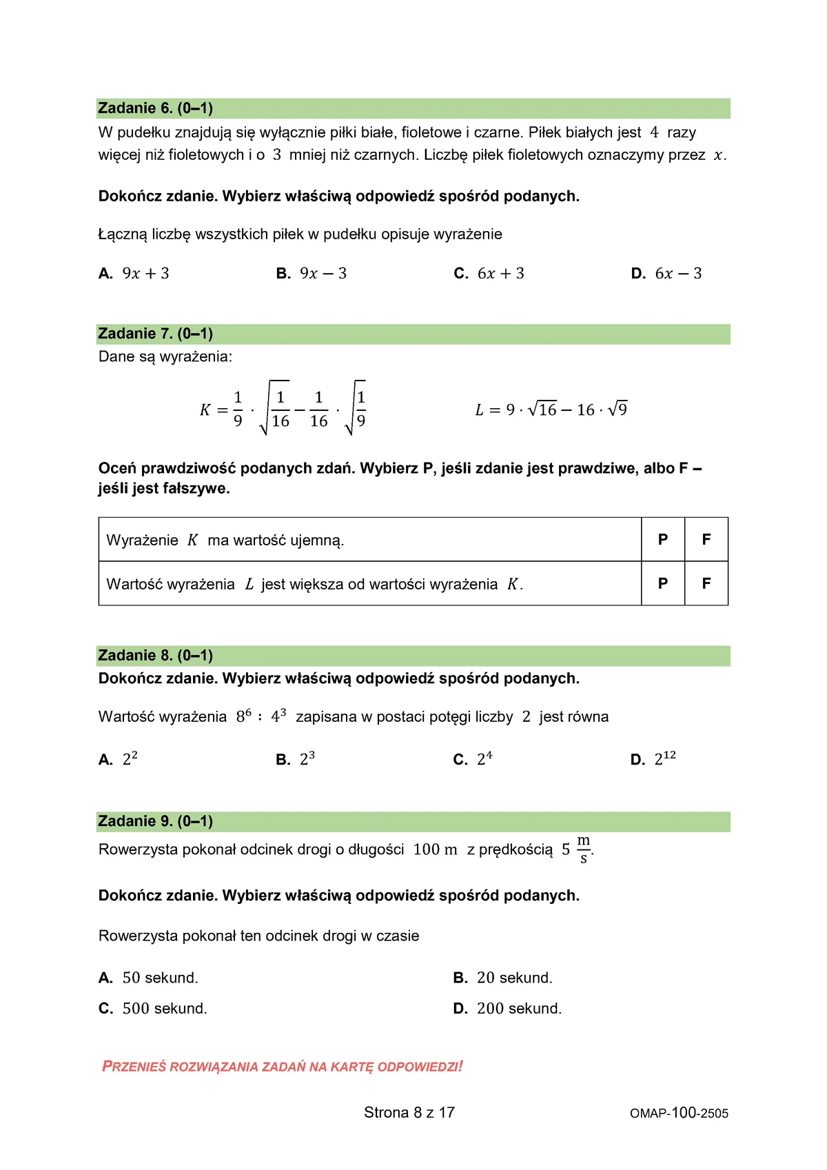arkusz zadania wyboru - matematyka - egzamin ósmoklasisty 2025 - 0008