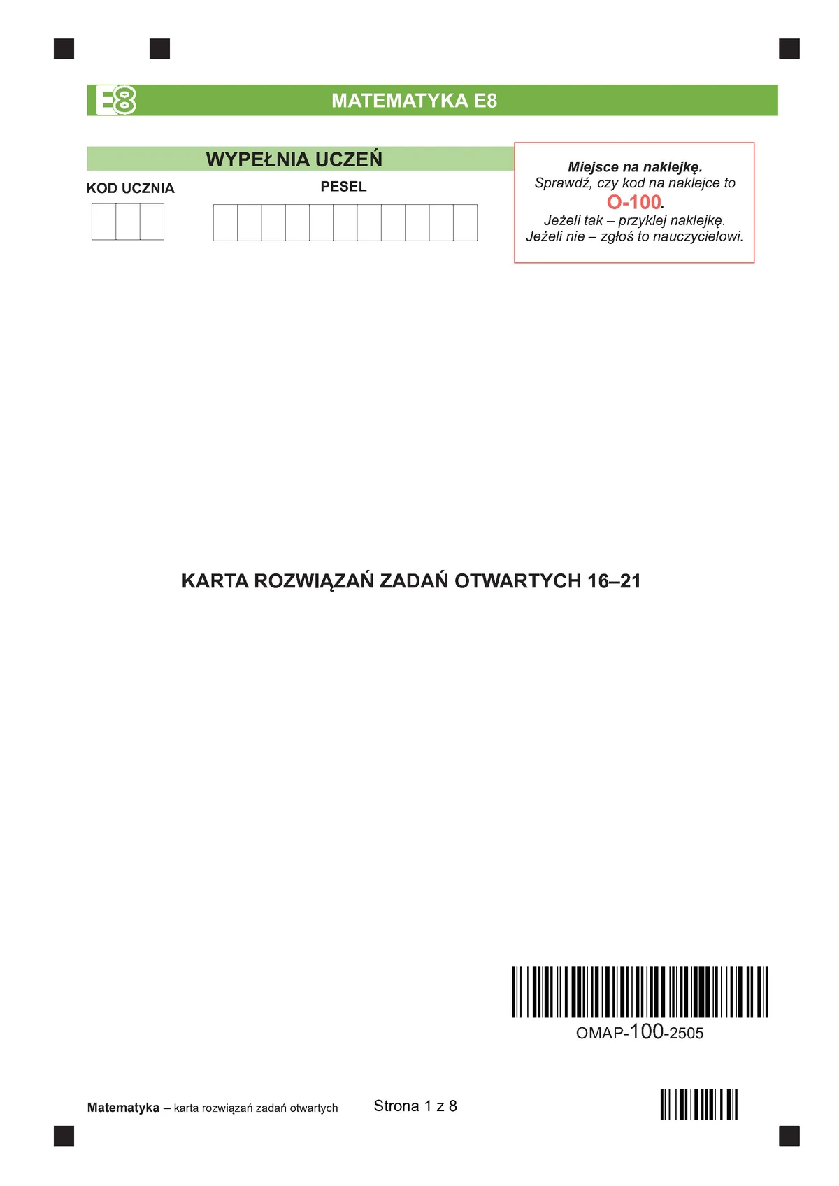 arkusz zdania otwarte - matematyka - egzamin ósmoklasisty 2025 - 0001