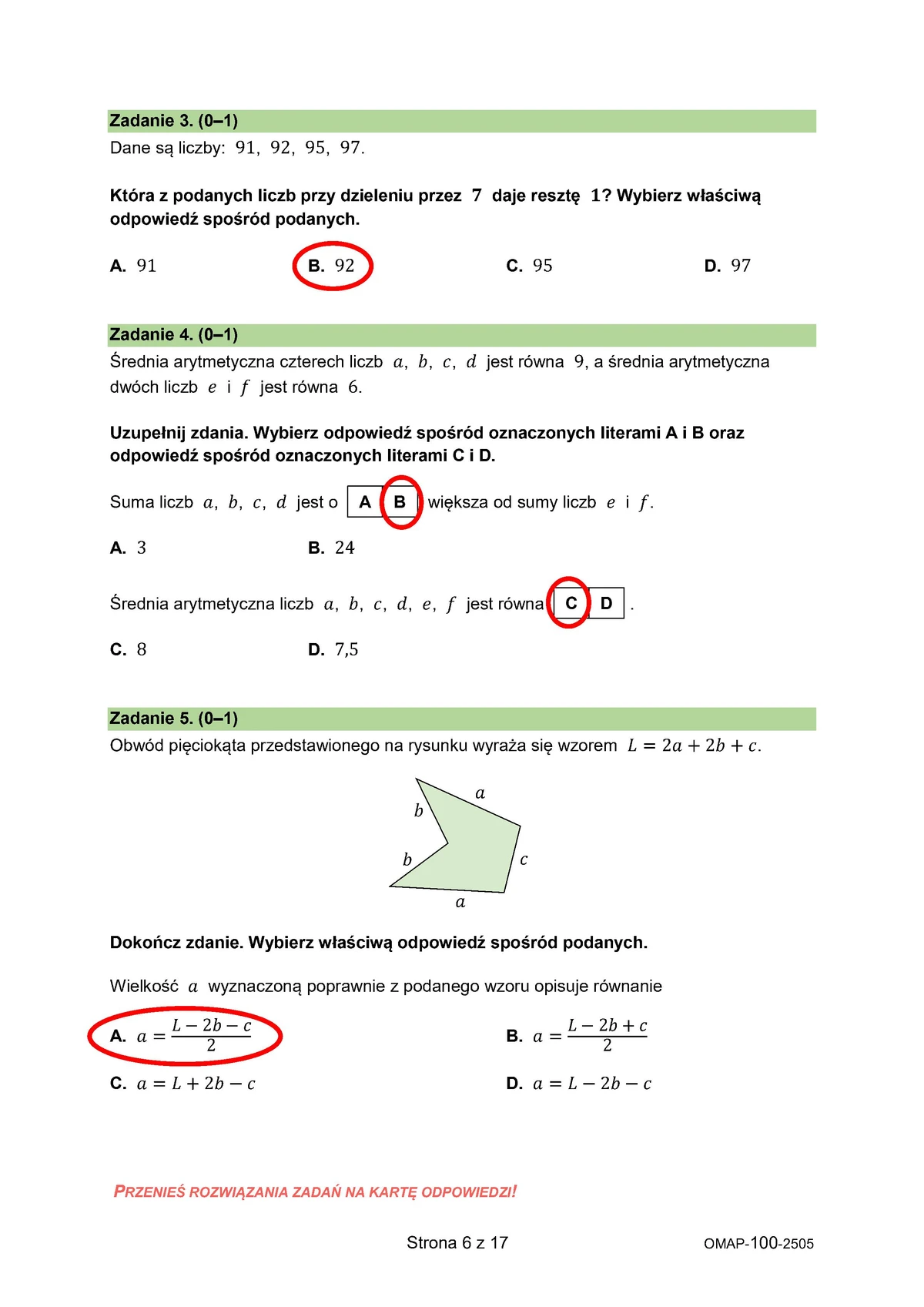 odpowiedzi przykładowe - arkusz zadania zamknięte - matematyka - egzamin ósmoklasisty 2025 - 0006