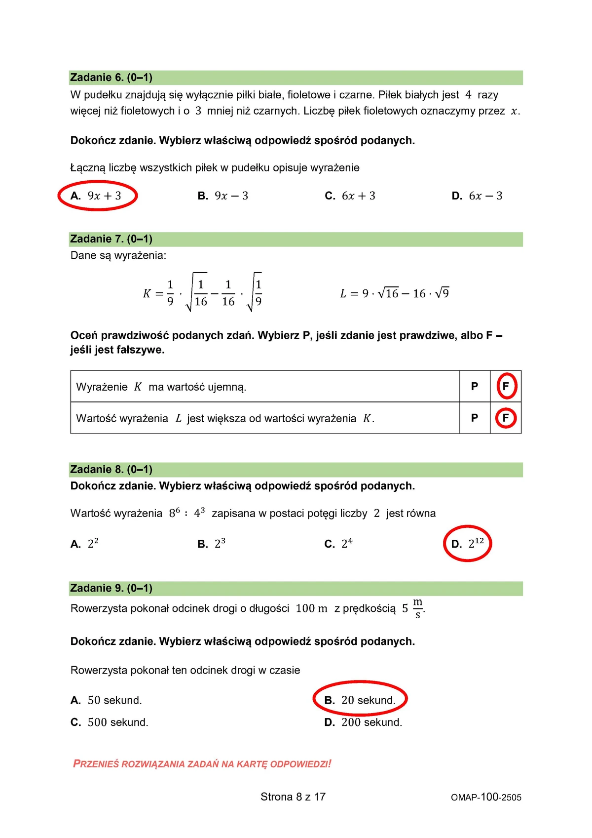 odpowiedzi przykładowe - arkusz zadania zamknięte - matematyka - egzamin ósmoklasisty 2025 - 0008