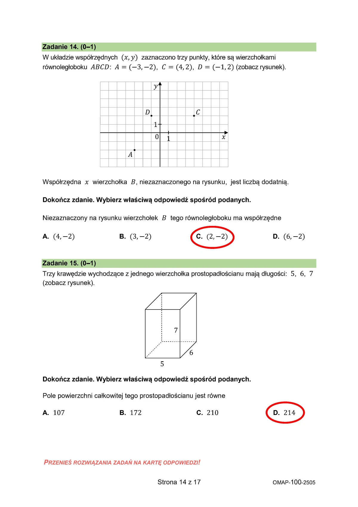 odpowiedzi przykładowe - arkusz zadania zamknięte - matematyka - egzamin ósmoklasisty 2025 - 0014