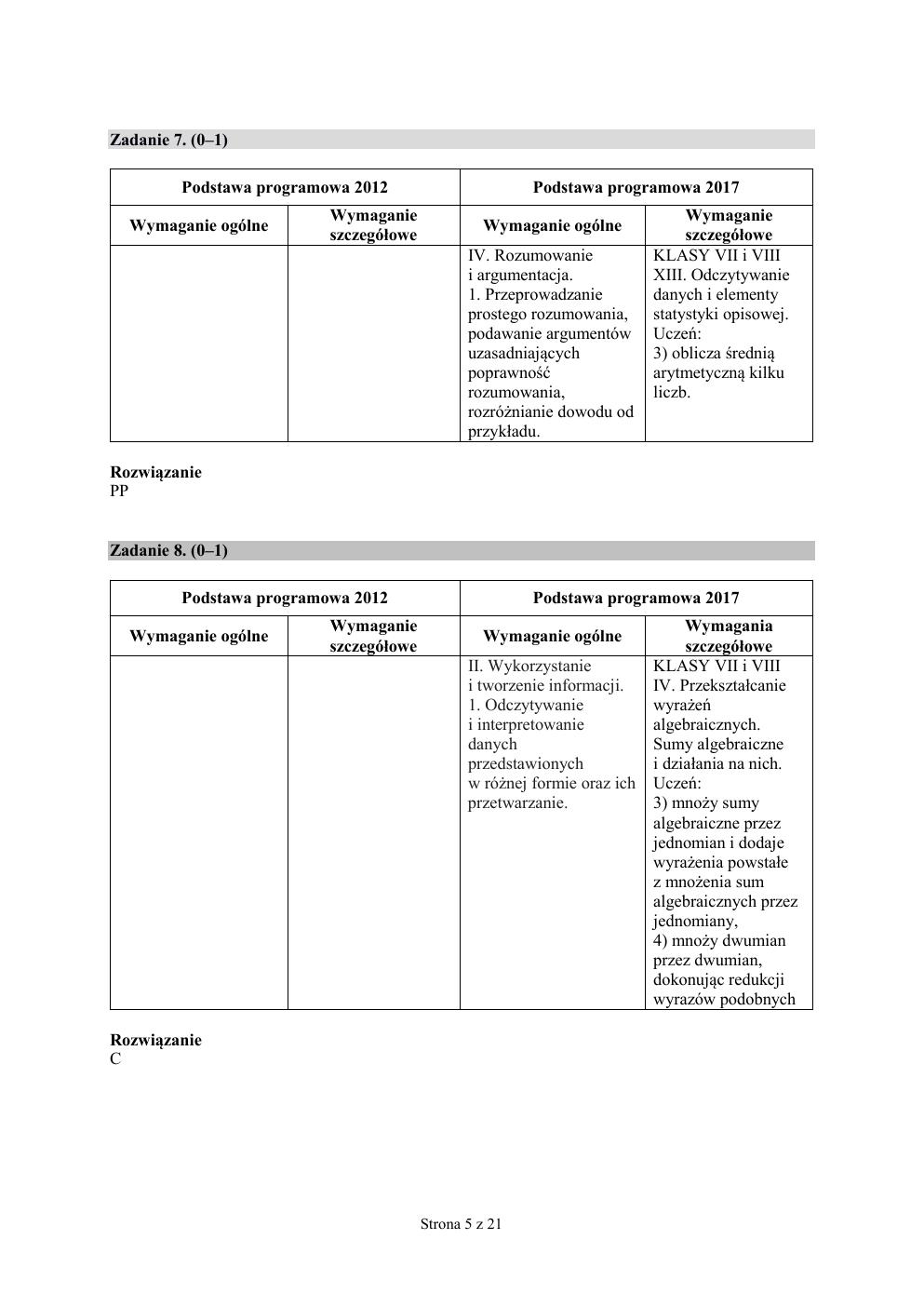 odpowiedzi - matematyka - egzamin ósmoklasisty 2019-05