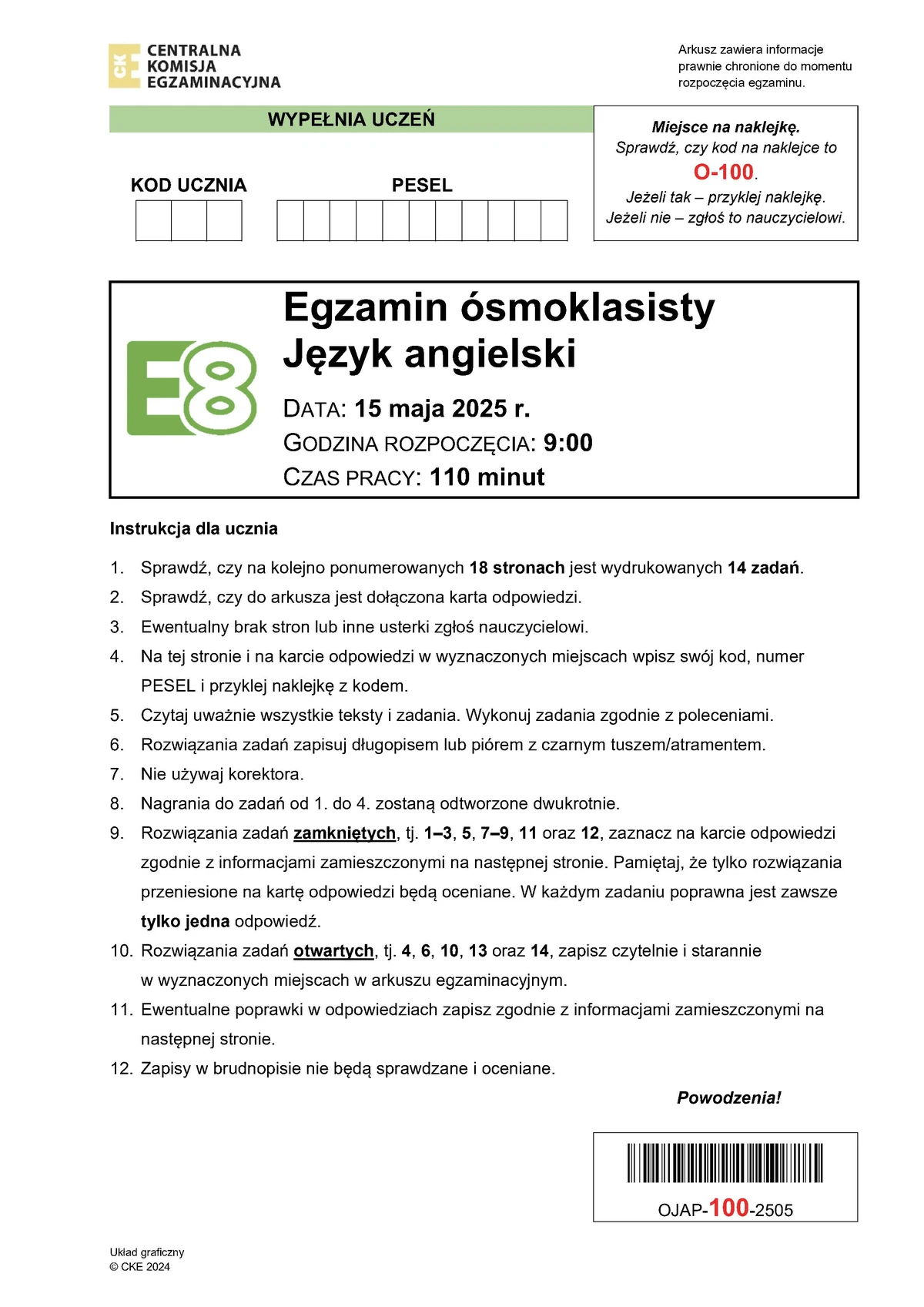 arkusz - angielski - egzamin ósmoklasisty 2025 - 0001