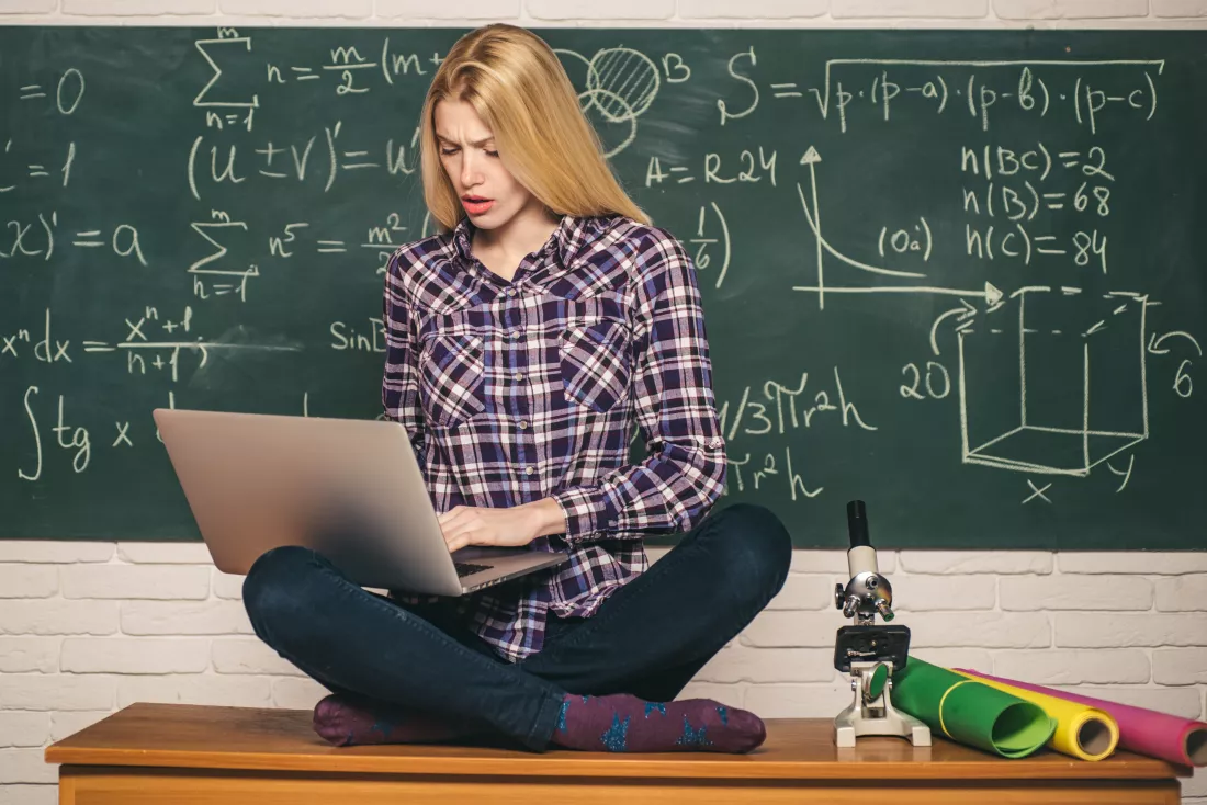 angry-screaming-negative-emotions-blonde-woman-front-chalkboard-student-girl-reading-presen