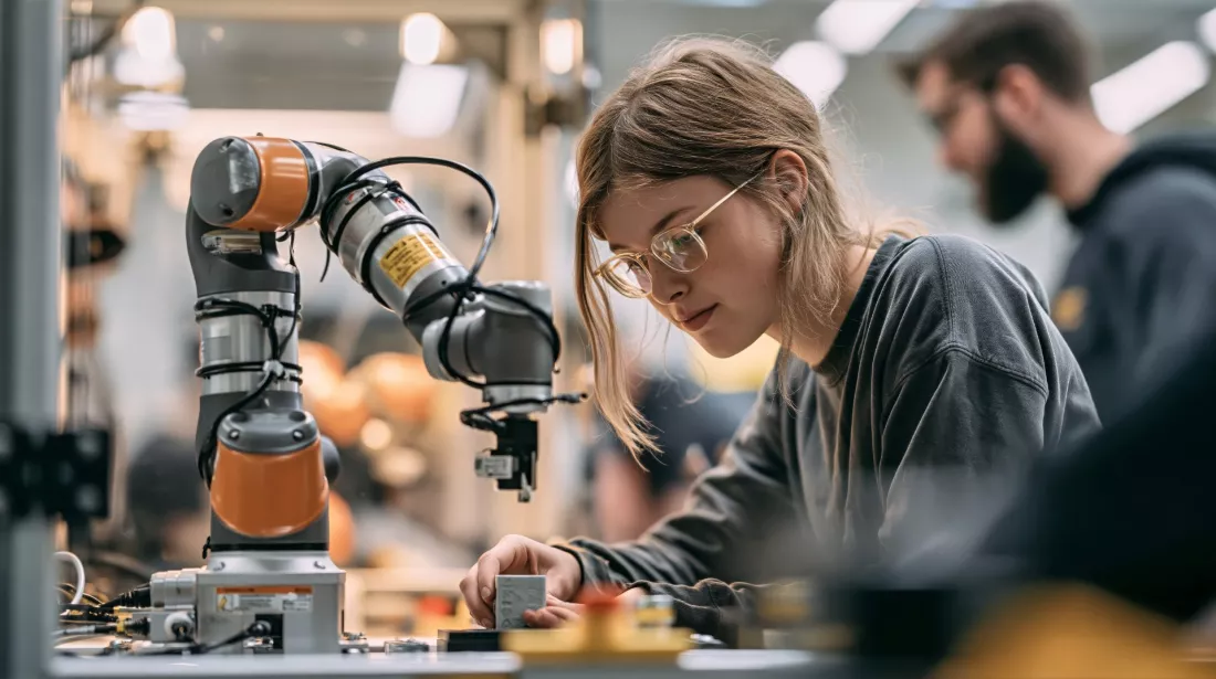 Uczennica kalibruje ramie robota w pracowni robotyki