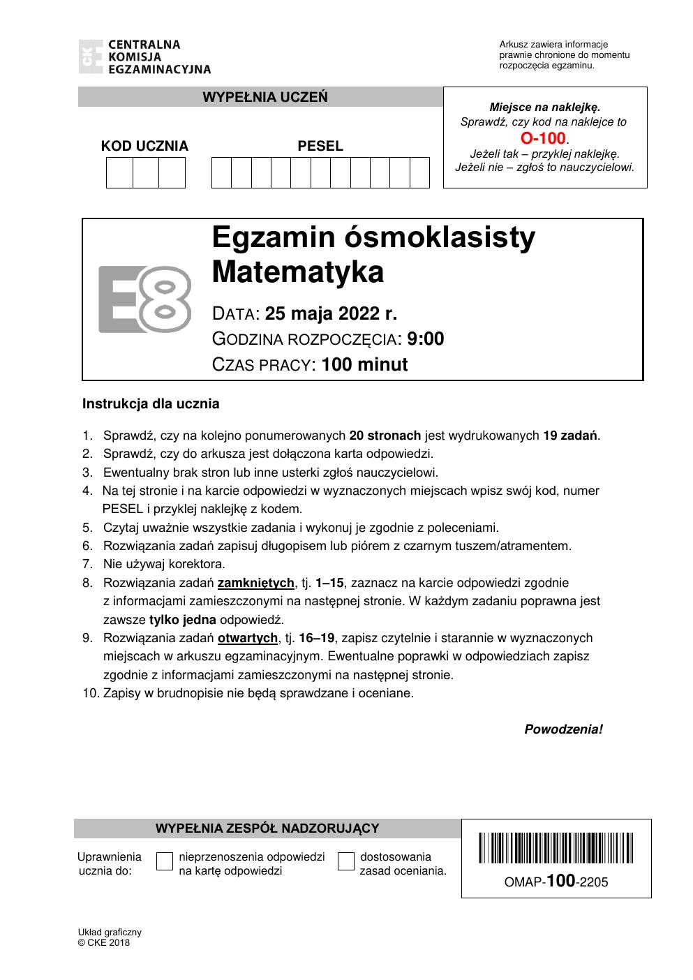 arkusz - matematyka - egzamin ósmoklasisty 2022-01