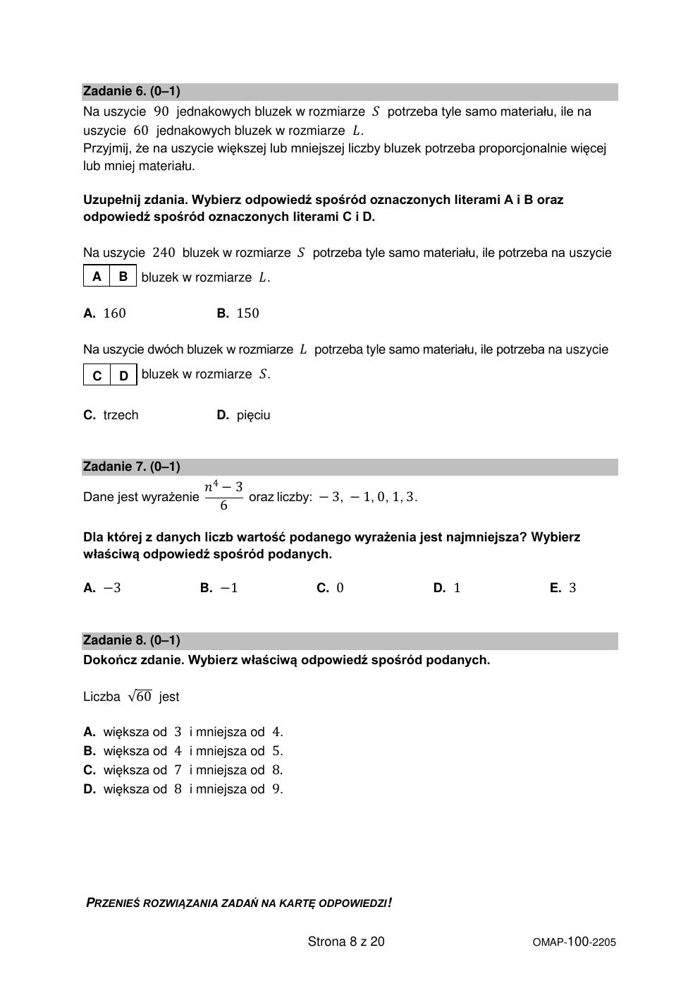 arkusz - matematyka - egzamin ósmoklasisty 2022-08