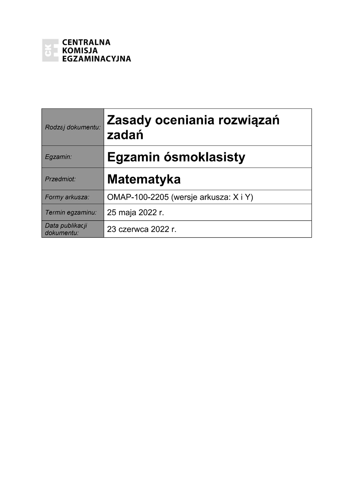 zasady oceniania - odpowiedzi - matematyka - egzamin ósmoklasisty 2022 - 0001