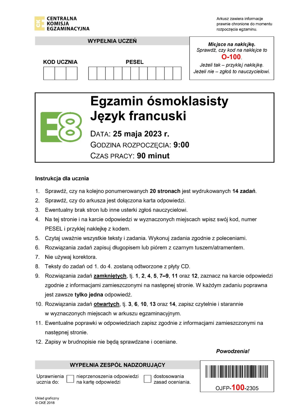 arkusz - język francuski - egzamin ósmoklasisty 2023 - 0001