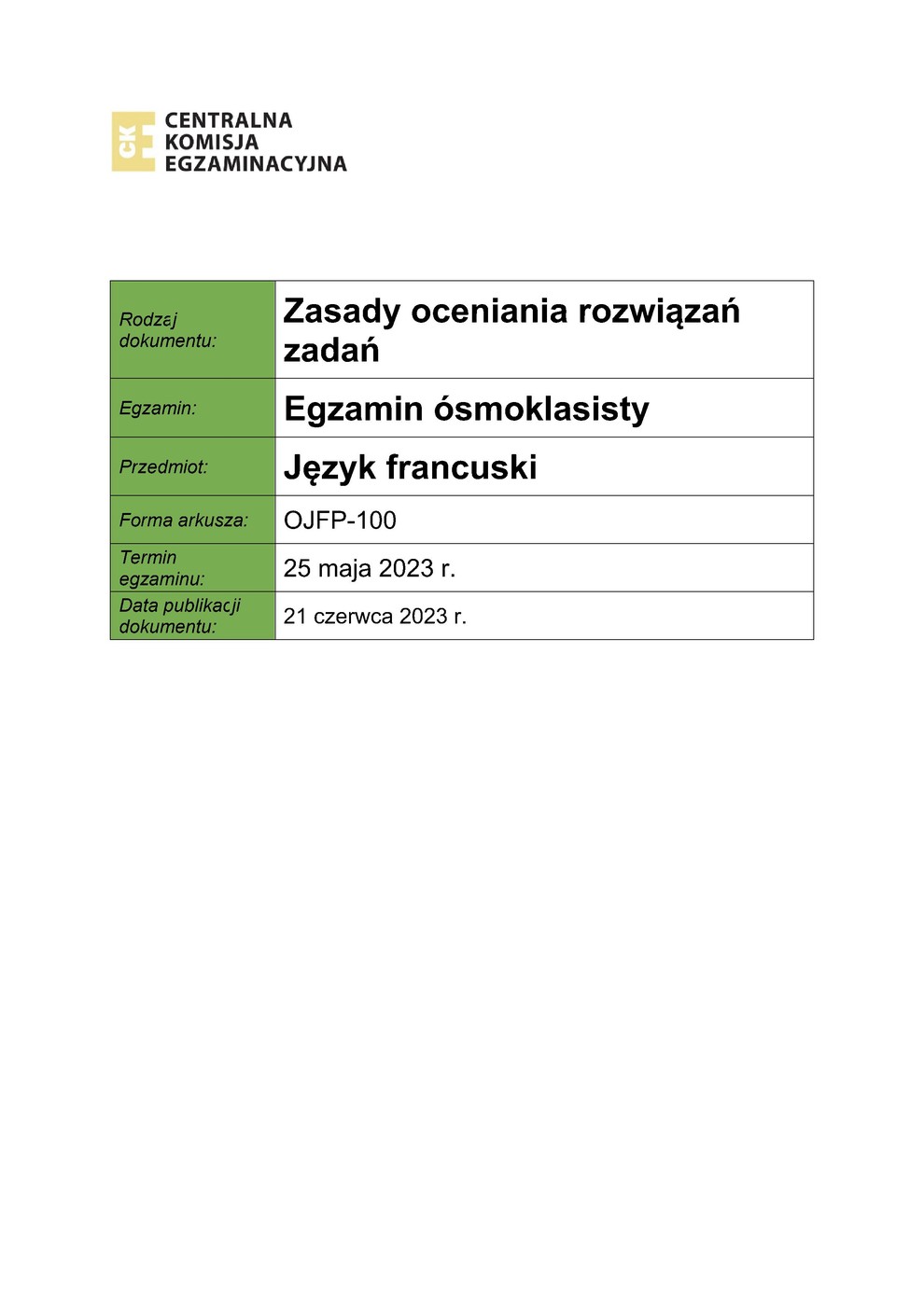 odpowiedzi - język francuski - egzamin ósmoklasisty 2023 - 0001