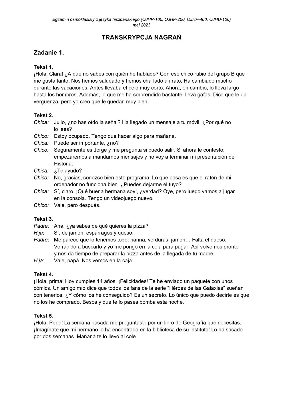 transkrypcja - język hiszpański - egzamin ósmoklasisty 2023 - 0001