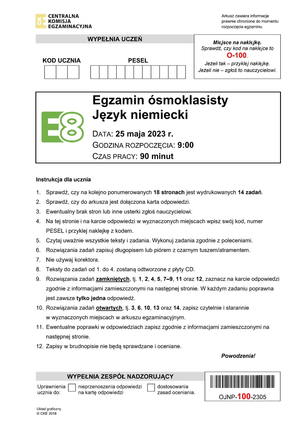 arkusz - język niemiecki - egzamin ósmoklasisty 2023 - 0001