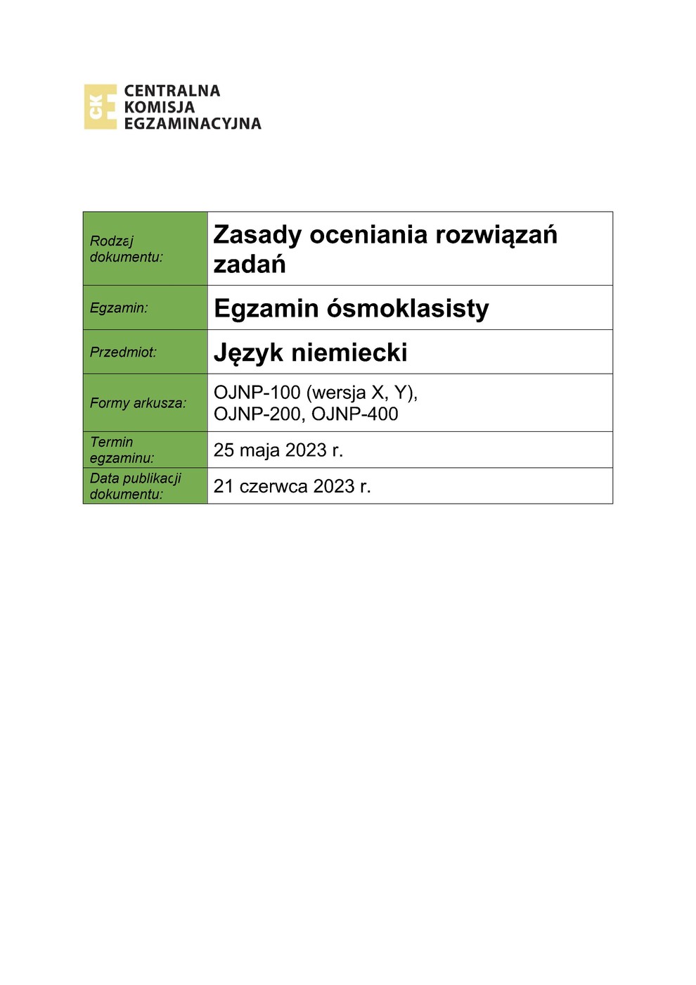 odpowiedzi - język niemiecki - egzamin ósmoklasisty 2023 - 0001