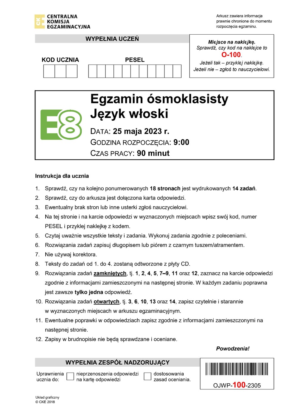 arkusz - język włoski - egzamin ósmoklasisty 2023 - 0001