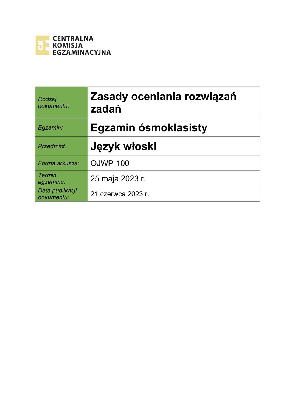 odpowiedzi - język włoski - egzamin ósmoklasisty 2023 - 0001