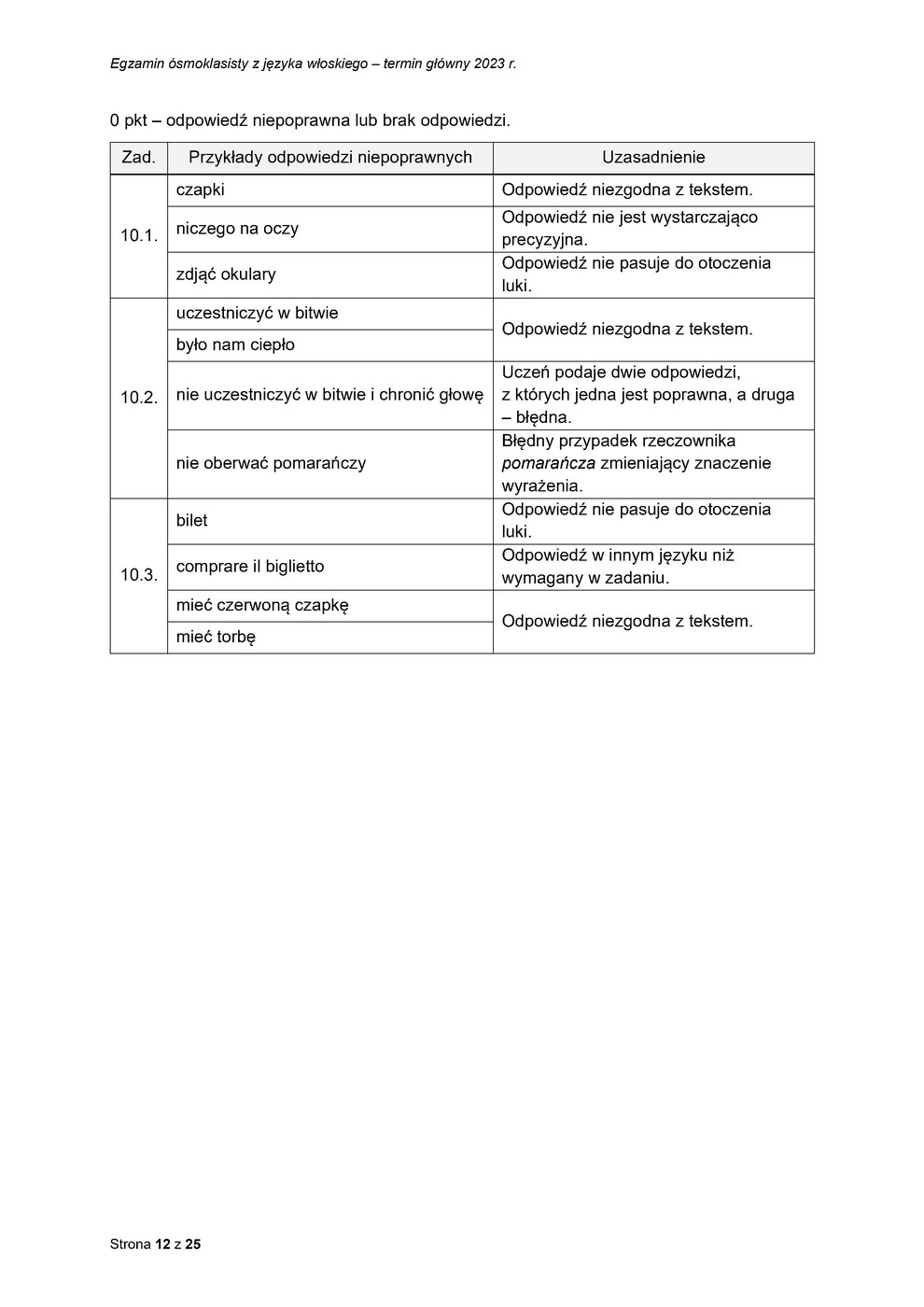 odpowiedzi - język włoski - egzamin ósmoklasisty 2023 - 0012