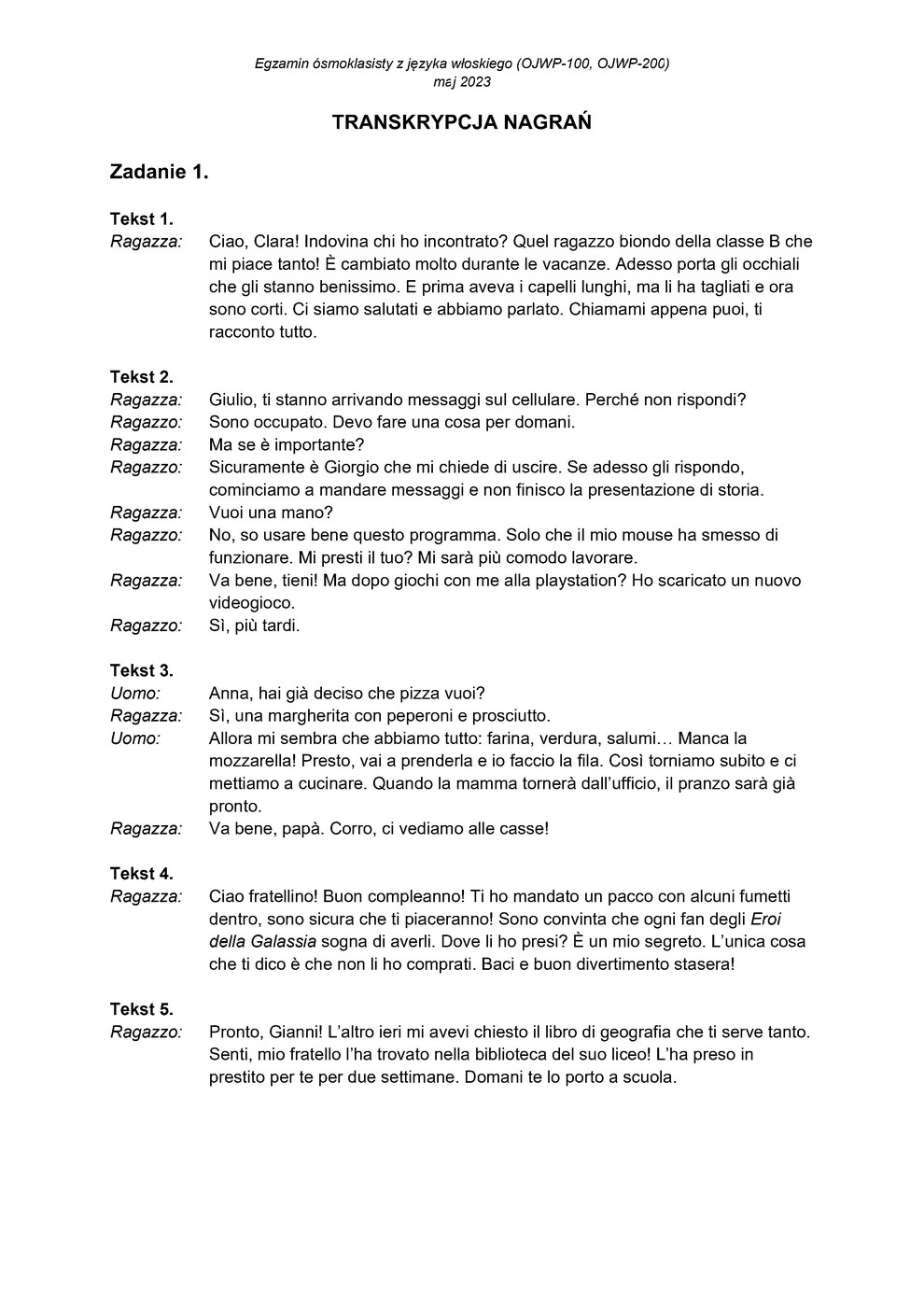 transkrypcja - język włoski - egzamin ósmoklasisty 2023 - 0001
