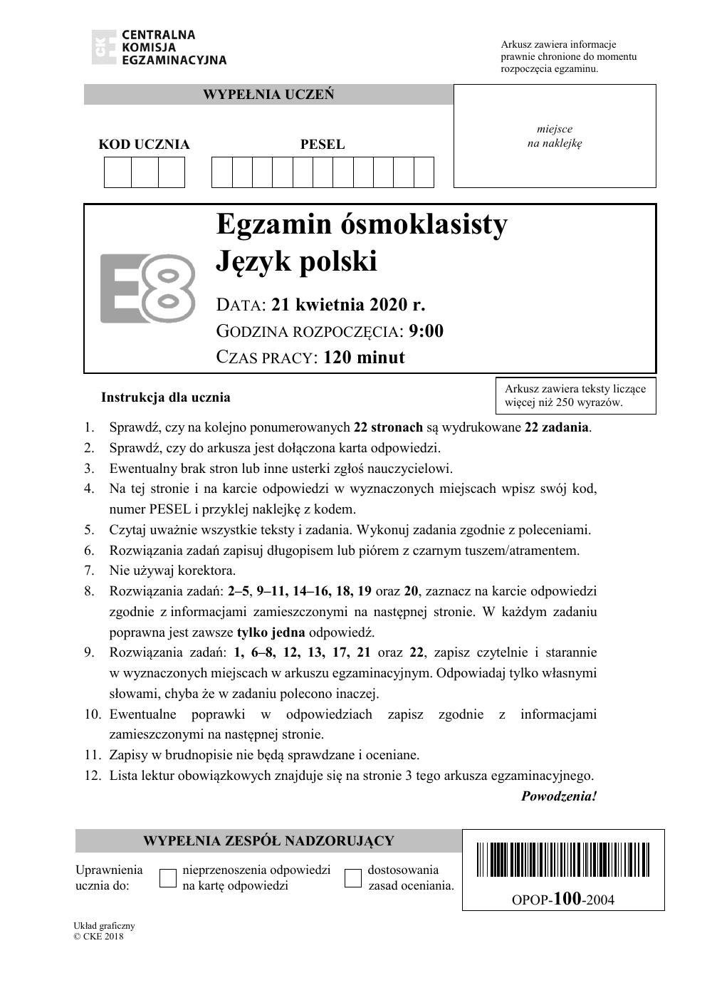 arkusz - jezyk polski - egzamin ósmoklasisty 2020-01