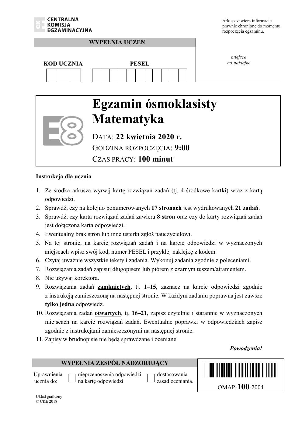 arkusz - matematyka - egzamin ósmoklasisty 2020-01