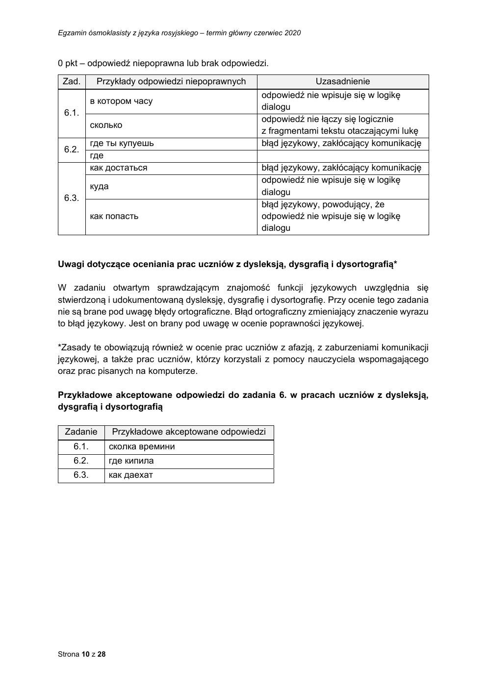 odpowiedzi - rosyjski - egzamin ósmoklasisty 2020-10