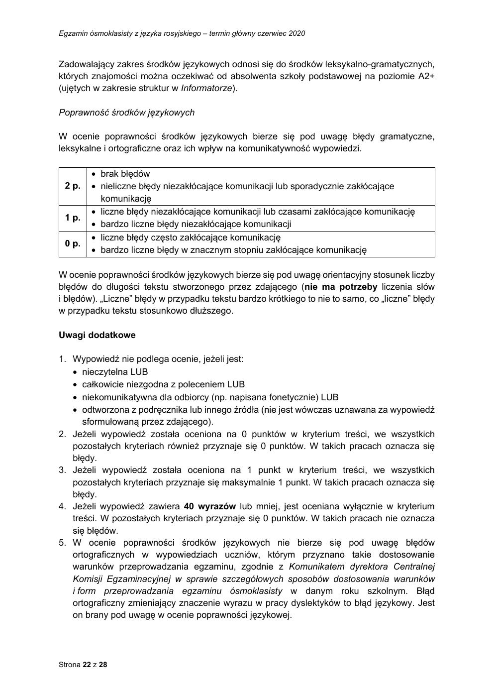 odpowiedzi - rosyjski - egzamin ósmoklasisty 2020-22