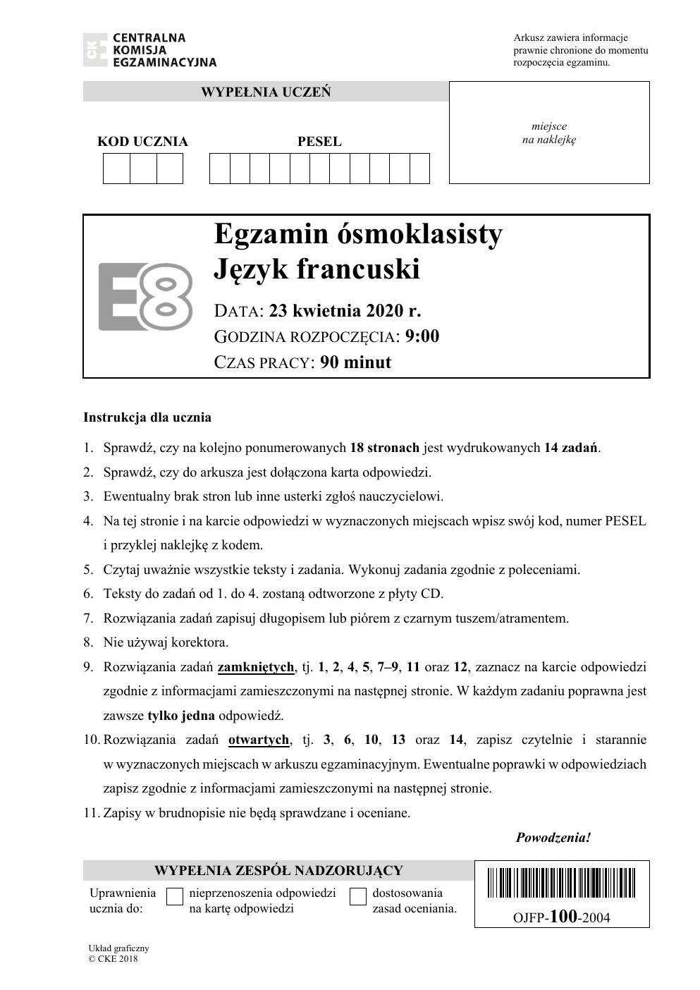 arkusz - francuski - egzamin ósmoklasisty 2020-01