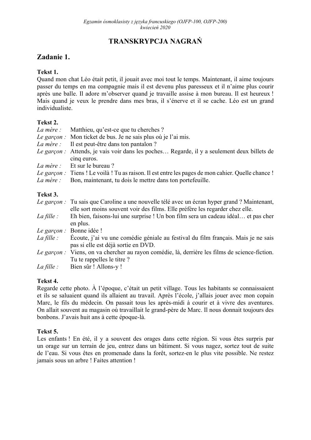 transkrypcja - francuski - egzamin ósmoklasisty 2020-1