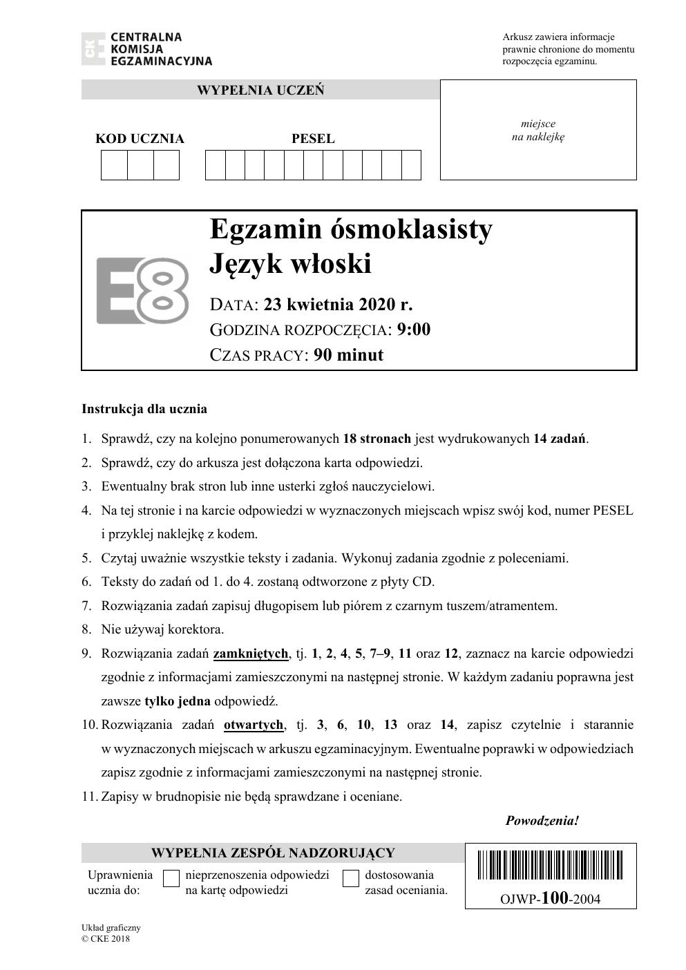 arkusz - włoski - egzamin ósmoklasisty 2020-01