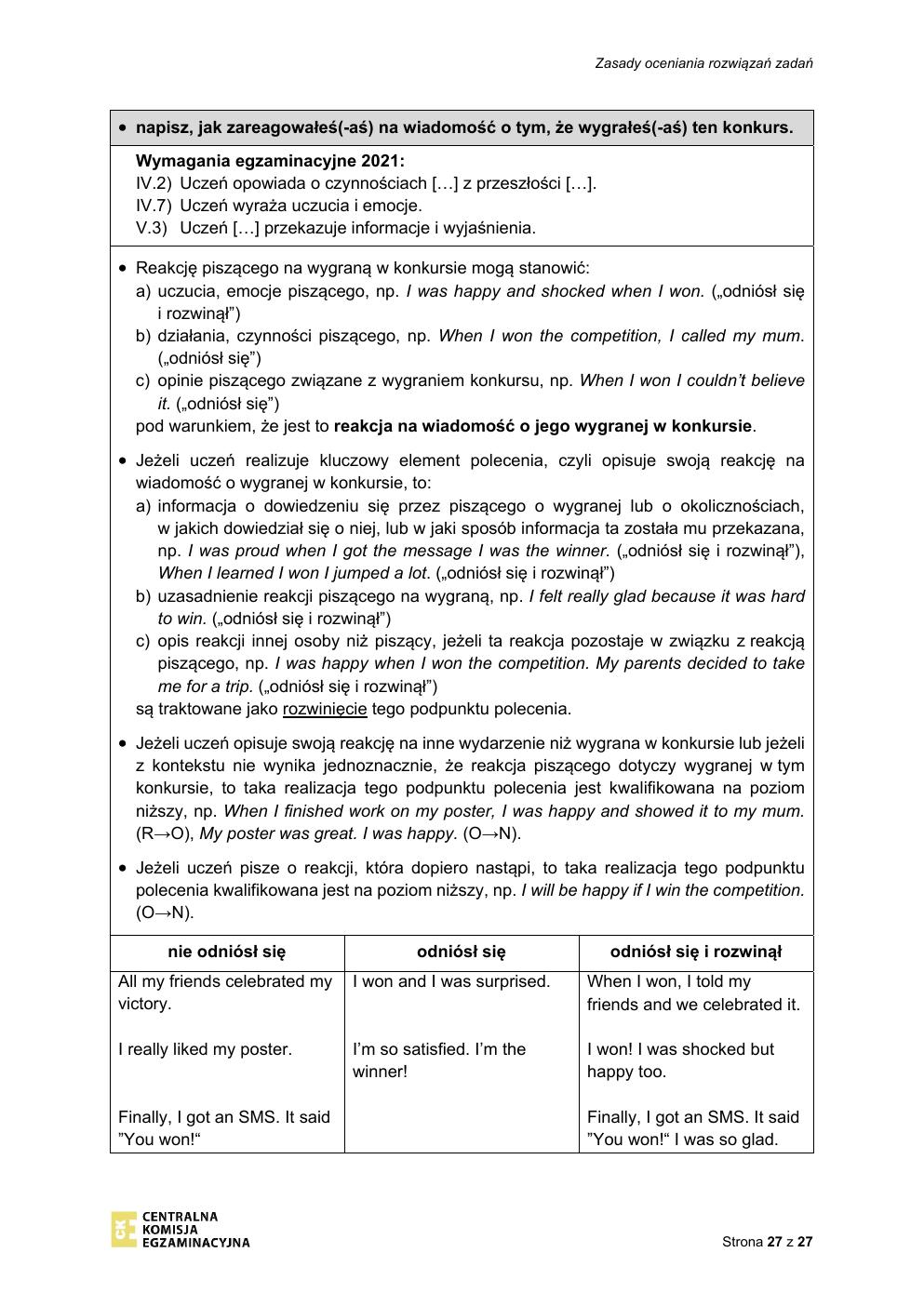 odpowiedzi - język angielski - egzamin ósmoklasisty 2021-27