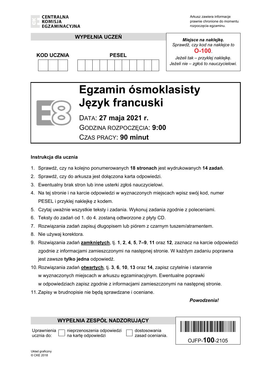 język francuski - egzamin ósmoklasisty 2021 - arkusz-01