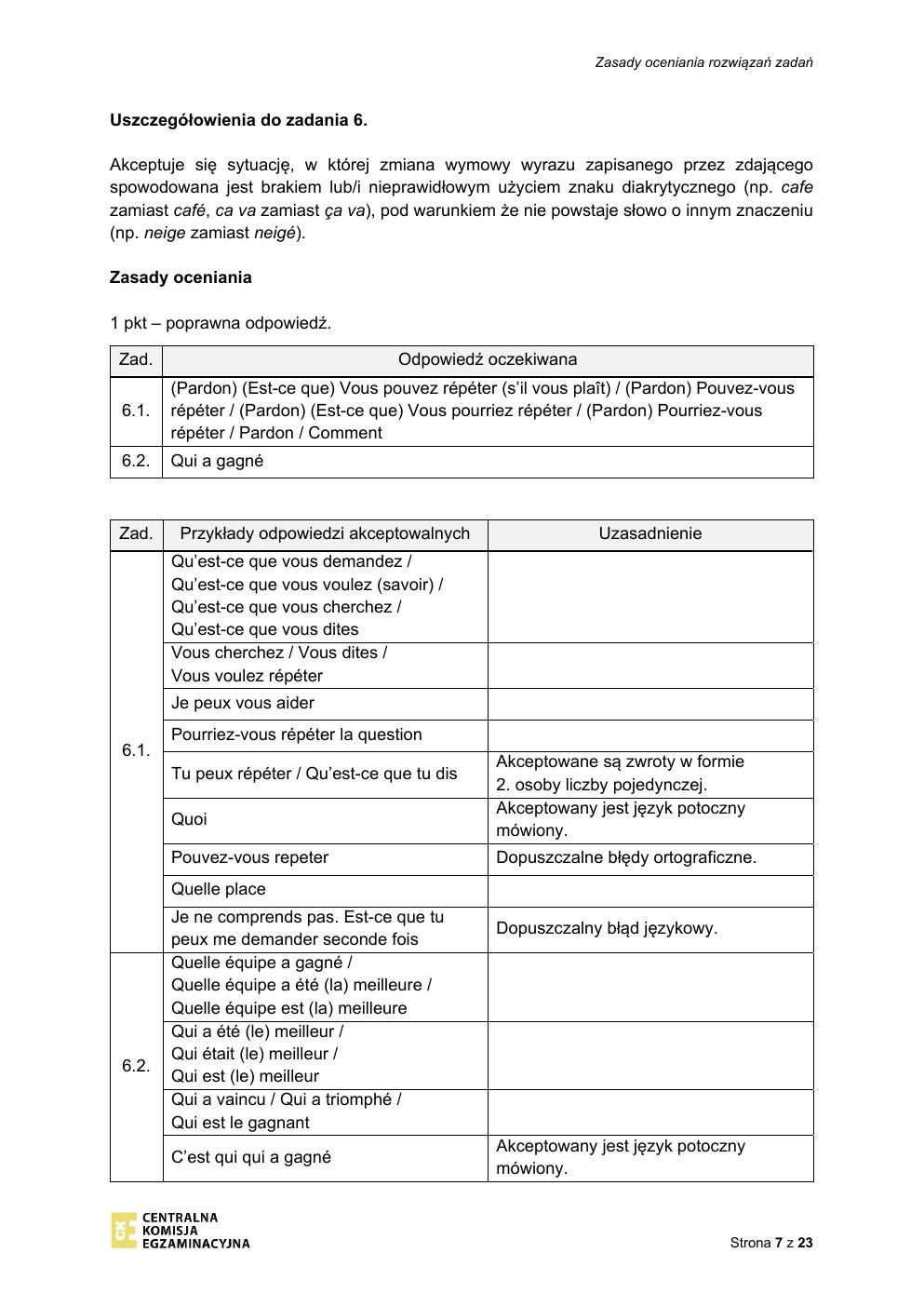 odpowiedzi - język francuski - egzamin ósmoklasisty 2021-07