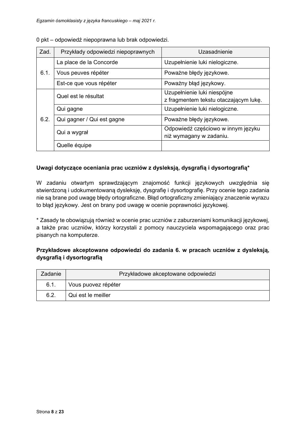 odpowiedzi - język francuski - egzamin ósmoklasisty 2021-08