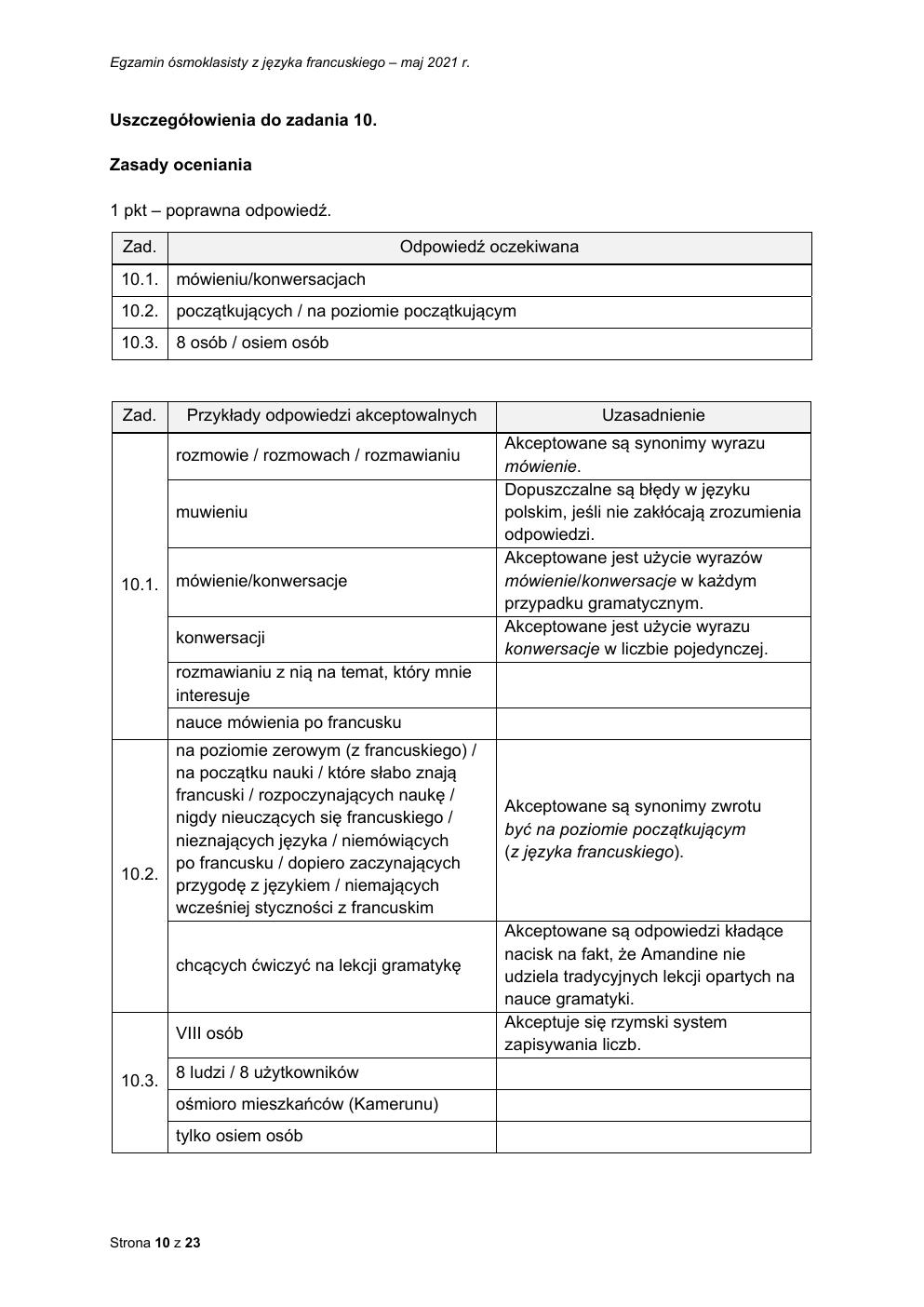 odpowiedzi - język francuski - egzamin ósmoklasisty 2021-10