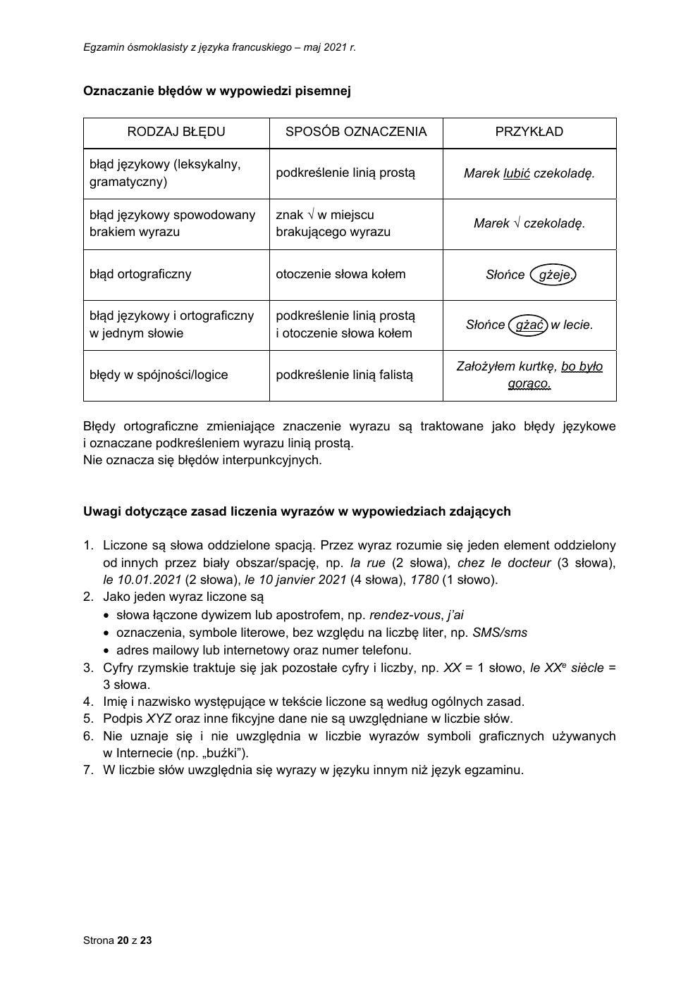 odpowiedzi - język francuski - egzamin ósmoklasisty 2021-20