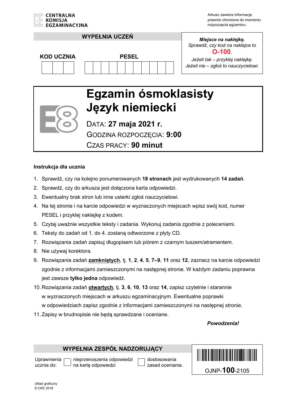 język niemiecki - egzamin ósmoklasisty 2021 - arkusz-01