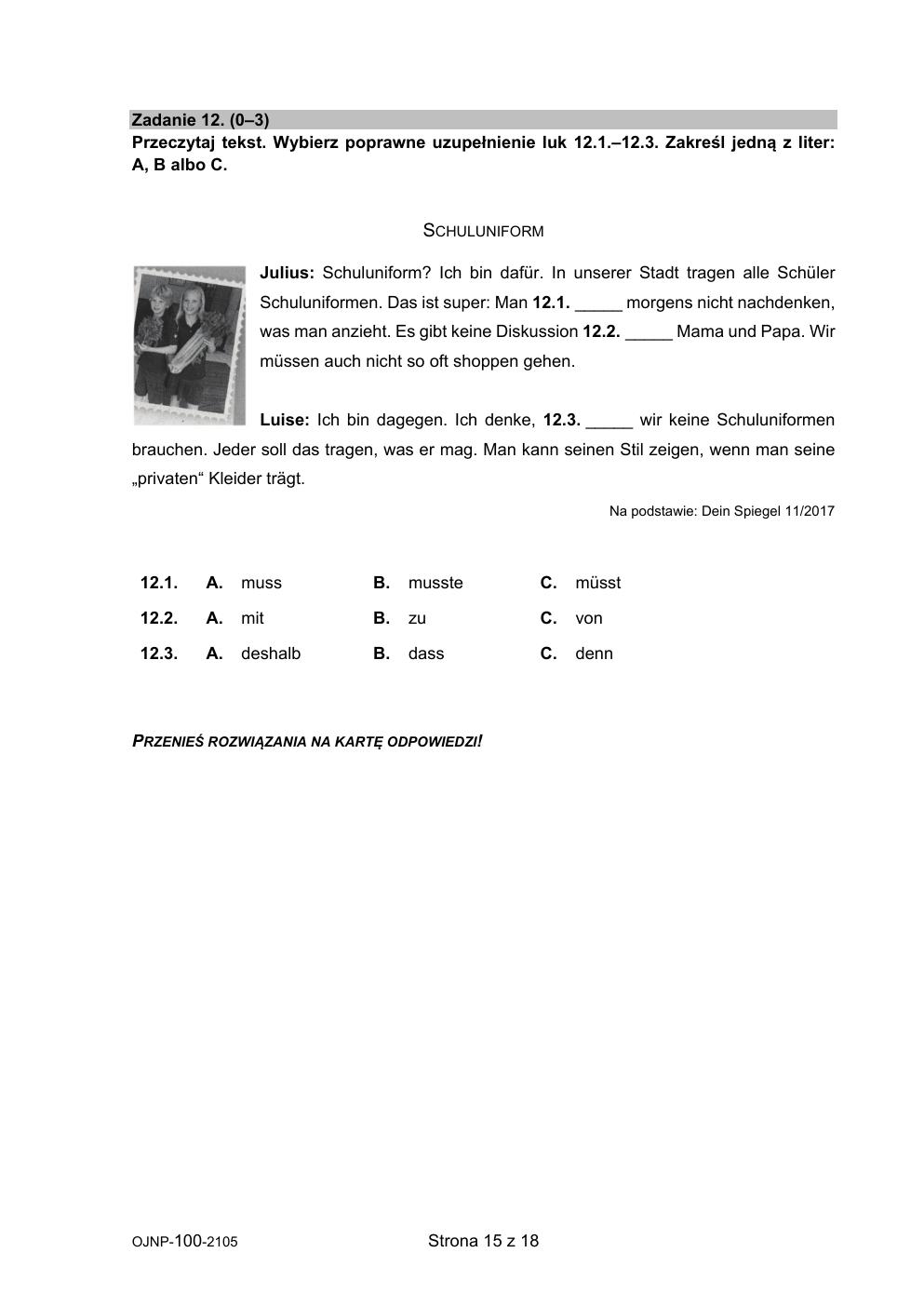 język niemiecki - egzamin ósmoklasisty 2021 - arkusz-15