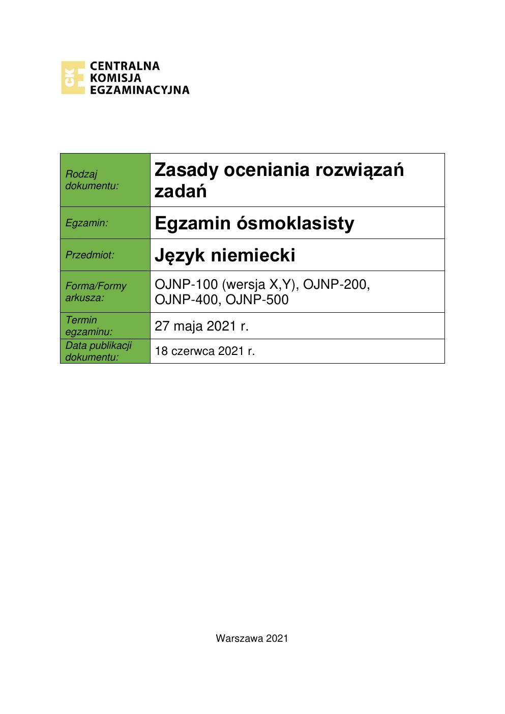 odpowiedzi - język niemiecki - egzamin ósmoklasisty 2021-01