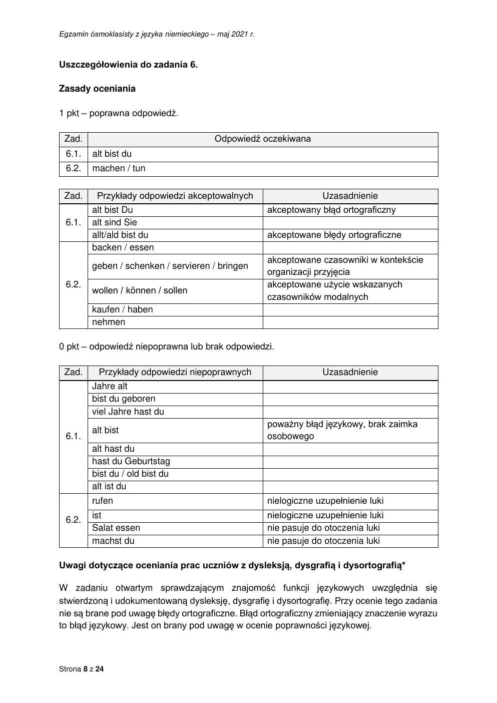 odpowiedzi - język niemiecki - egzamin ósmoklasisty 2021-08