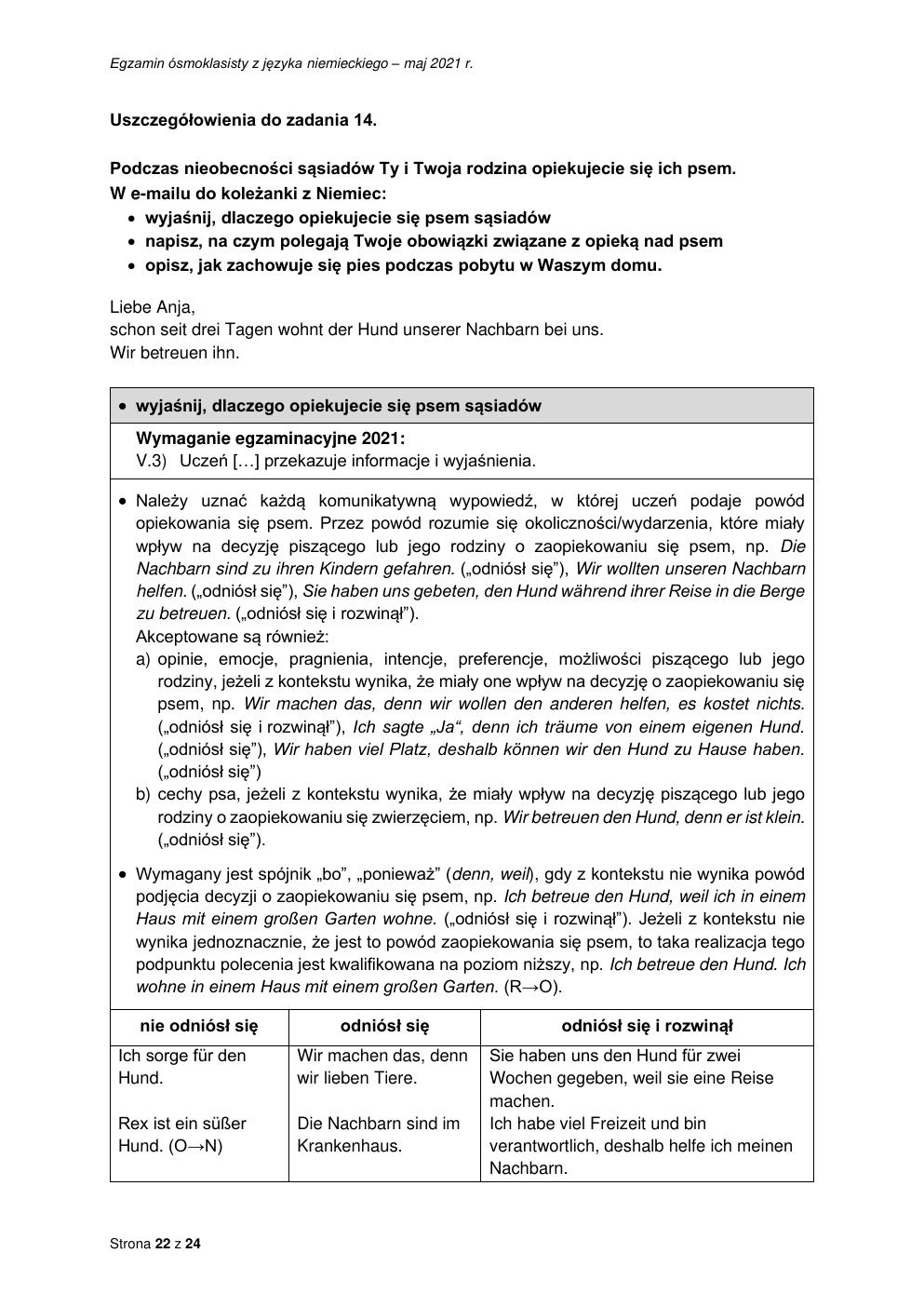 odpowiedzi - język niemiecki - egzamin ósmoklasisty 2021-22