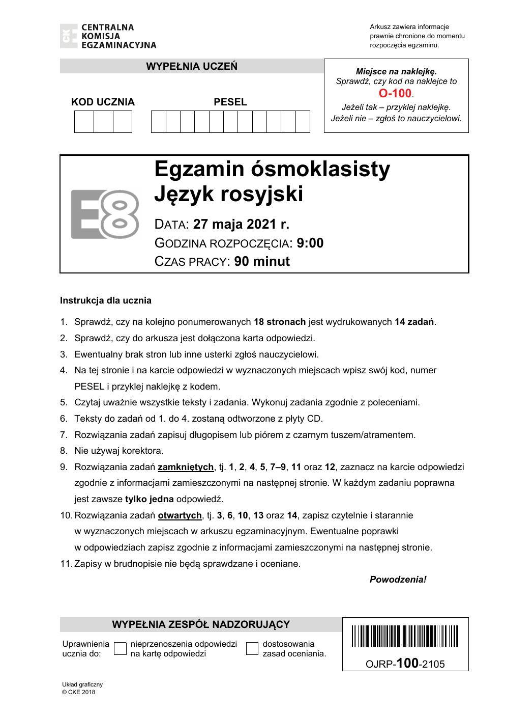 język rosyjski - egzamin ósmoklasisty 2021 - arkusz-01